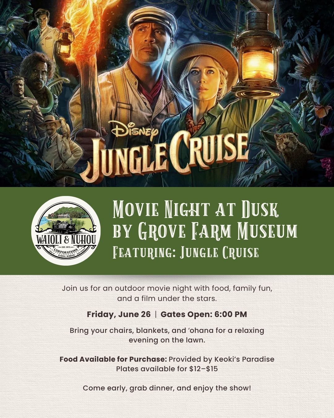 Friday Movie Night at Dusk by Grove Farm Museum!